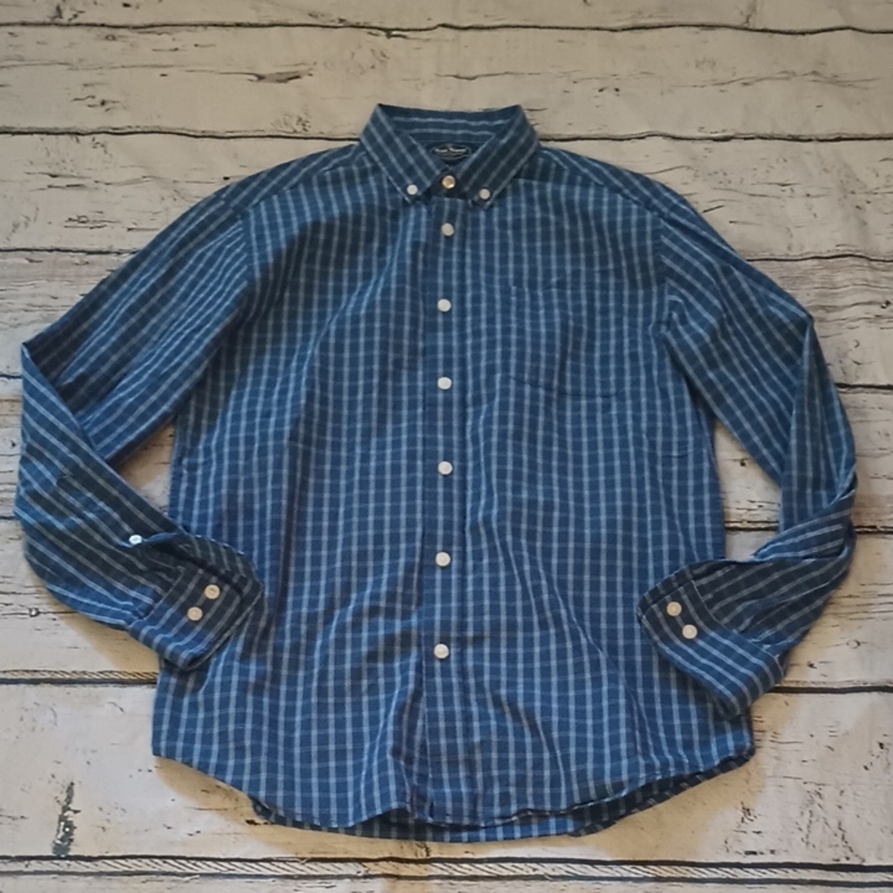 NatNast Men's Blue White Plaid Cotton Long Sleeve Button Down Shirt M